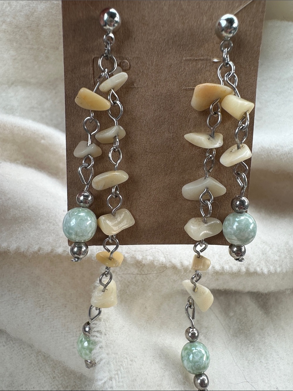 Handmade Cream and Light Green Beaded Dangle Earrings